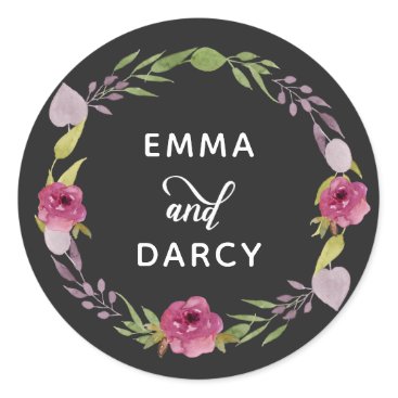 Rustic Watercolor Pink Floral Wedding Classic Round Sticker
