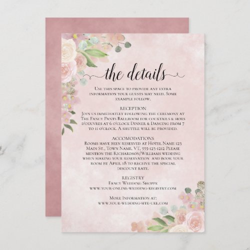 Rustic Watercolor Pink Floral Wedding Details Enclosure Card