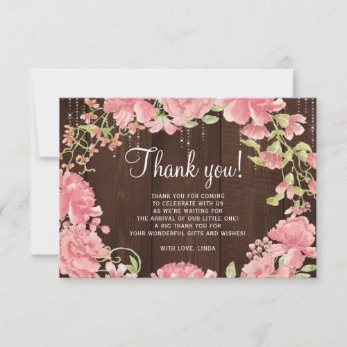 Rustic watercolor pink floral wood baby shower thank you card