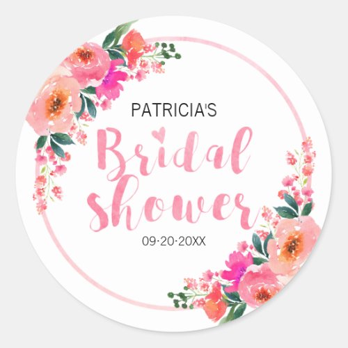 Rustic Watercolor Pink Flowers Bridal Shower Classic Round Sticker