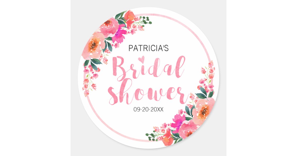 Rustic Watercolor Pink Flowers Bridal Shower Classic Round Sticker | Zazzle