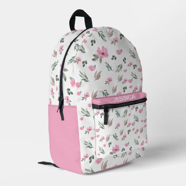 Rustic Watercolor Pink Flowers Personalized Name Printed Backpack (Back Corner Left)