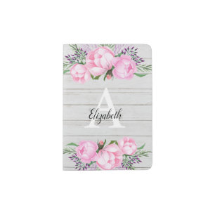 Rustic Watercolor Pink Peony Monogram Passport Holder