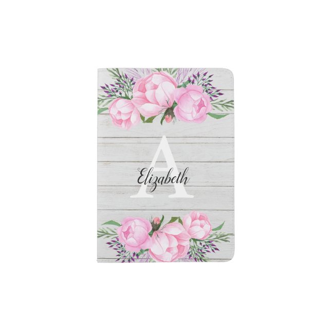 Rustic Watercolor Pink Peony Monogram Passport Holder (Front)
