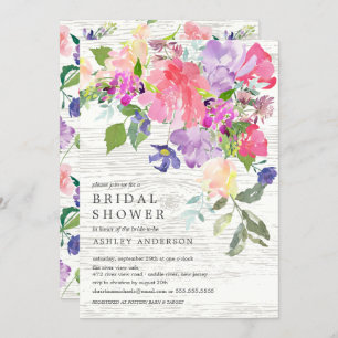 Rustic Watercolor Pink Purple Floral Bridal Shower Invitation