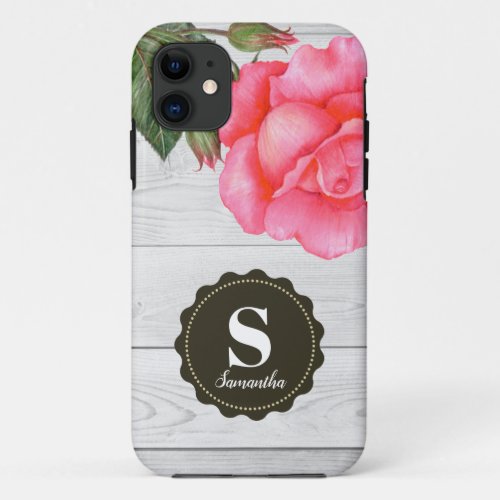 Rustic Watercolor Pink Roses Gray Wood Texture iPhone 11 Case
