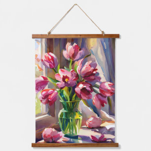 Rustic Watercolor Pink Tulips in Vase Hanging Tapestry