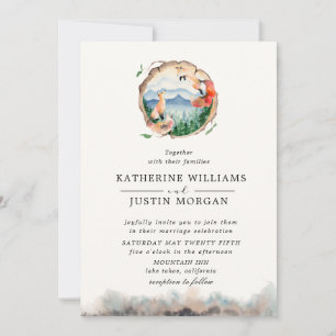 Rustic watercolor playful fox Wedding Invitation