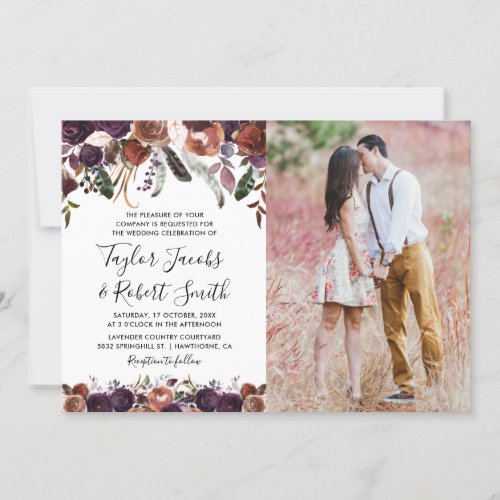 Rustic Watercolor Plum Floral Photo Wedding Invitation - Elegant butterum & plum wedding invitations featuring a watercolor boho feathers, rose and peony flowers, a photo of the future bride & groom, and a informal wedding template that is east to personalize.
====================================================================================
For further personalization, please click the "Customize it" button to modify this template. All text style, colors, and sizes can be modified to suit your needs. You will find other matching wedding items at my store www.zazzle.com/special_stationery, however if you can’t find what you are looking for please contact me.