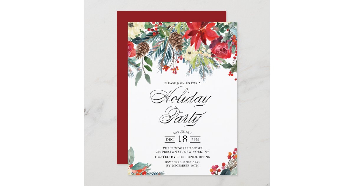 Rustic Watercolor Poinsettia Garland Holiday Party Invitation | Zazzle