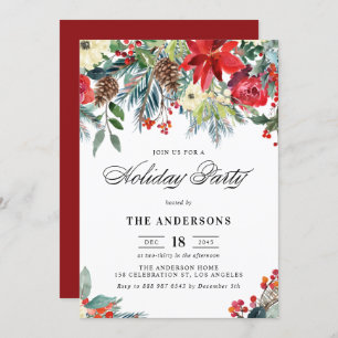 Rustic Watercolor Poinsettia Garland Holiday Party Invitation
