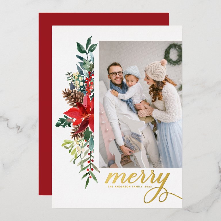 Rustic Watercolor Poinsettia Merry Christmas Photo Foil Holiday Card