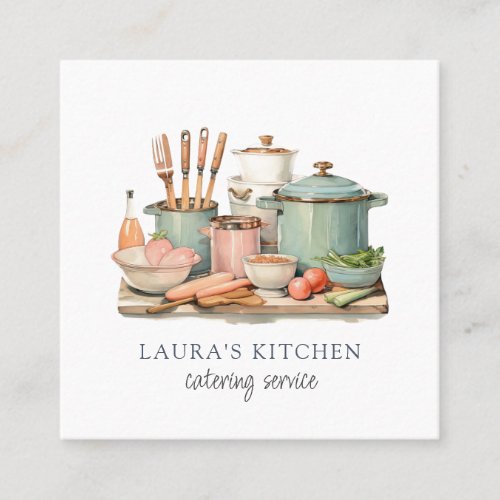 Rustic Watercolor Pots Pans Food Kitchenware Square Business Card