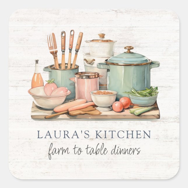 Rustic Watercolor Pots Pans Food Kitchenware Square Sticker (Front)