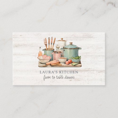 Rustic Watercolor Pots Pans Food Kitchenware Wood  Business Card