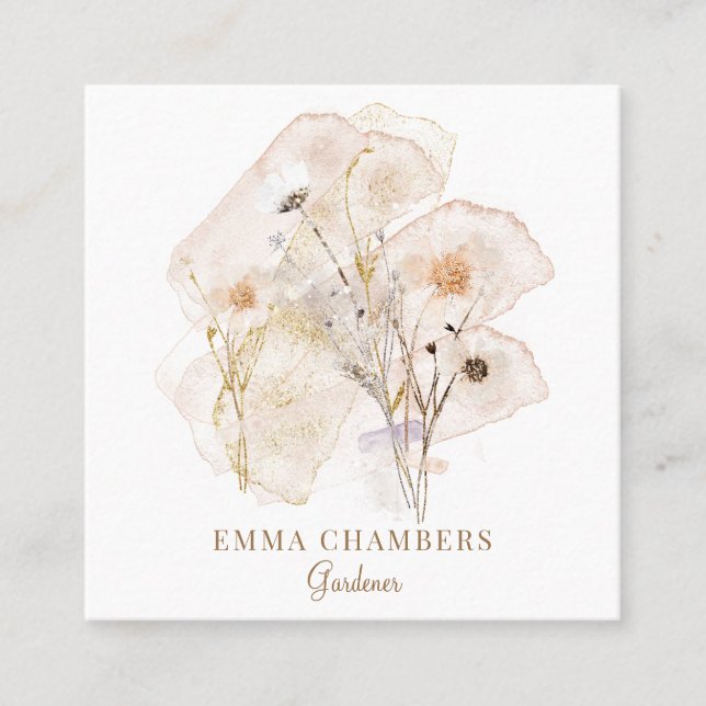 Rustic Watercolor Pressed Flowers Gardener  Square Business Card (Front)