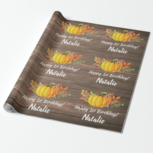 Rustic Watercolor Pumpkin Autumn Fall Birthday Wrapping Paper