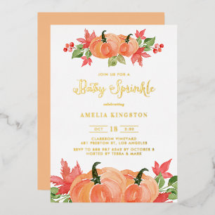 Rustic Watercolor Pumpkin Fall Baby Sprinkle Foil Invitation