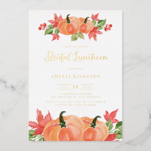 Rustic Watercolor Pumpkin Fall Bridal Luncheon Foil Invitation