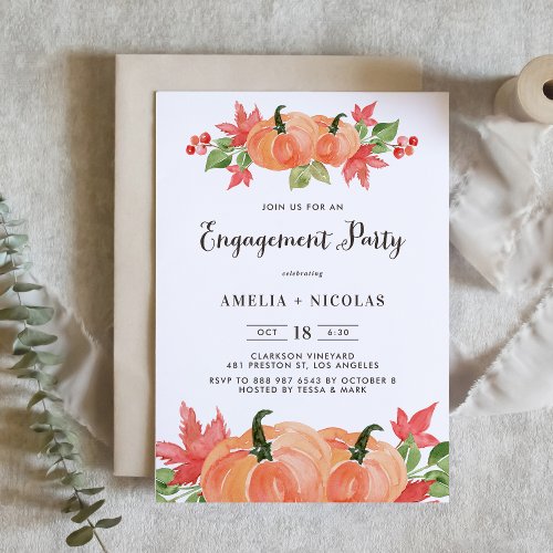 Rustic Watercolor Pumpkin Fall Engagement Party Invitation