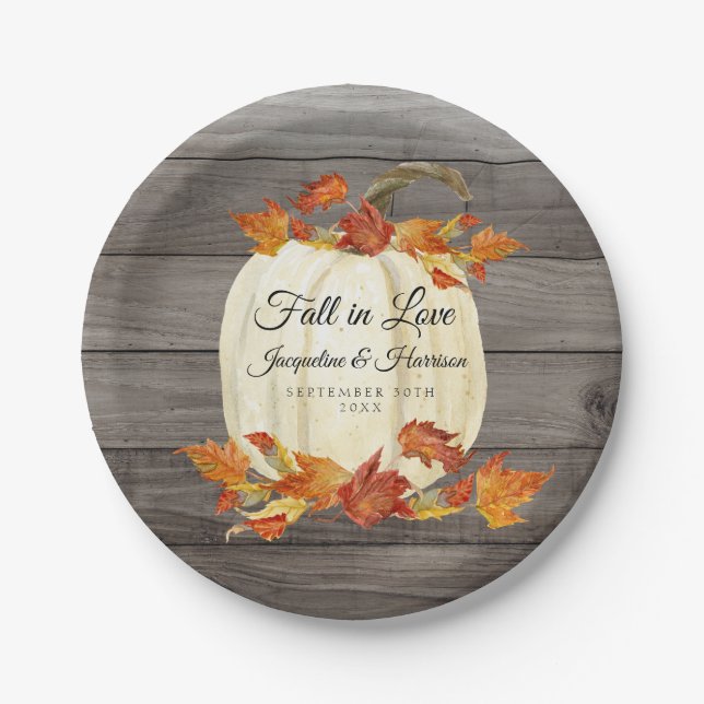Rustic Watercolor Pumpkin Fall Leaves Dark Wood Paper Plates (Front)