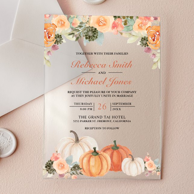 Rustic Watercolor Pumpkin Floral Fall Wedding Acrylic Invitations (Creator Uploaded)