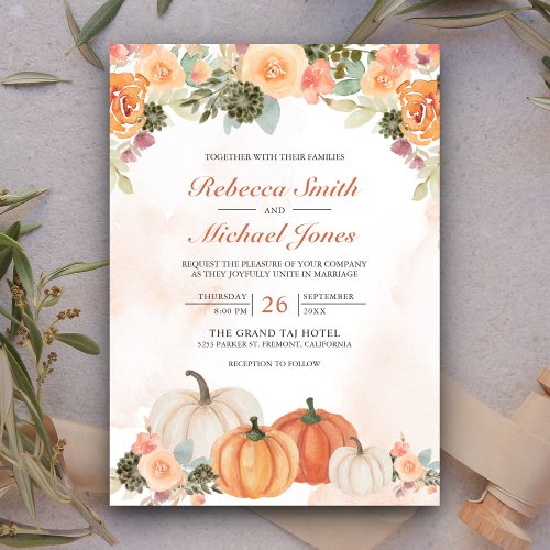 Rustic Watercolor Pumpkin Floral Fall Wedding Invitation