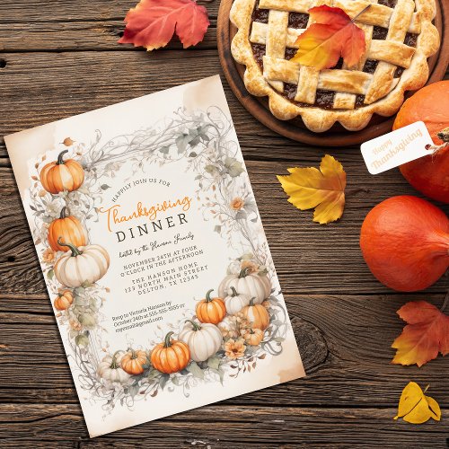 Rustic Watercolor Pumpkin Foliage Thanksgiving Invitation