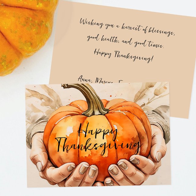 Rustic Watercolor Pumpkin Harvest Thanksgiving Holiday Card (Creator Uploaded)