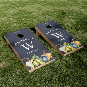 Rustic Watercolor Pumpkin Monogram Fall Slate Cornhole Set
