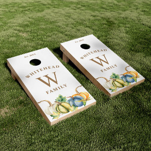 Rustic Watercolor Pumpkin Monogram White Fall Cornhole Set