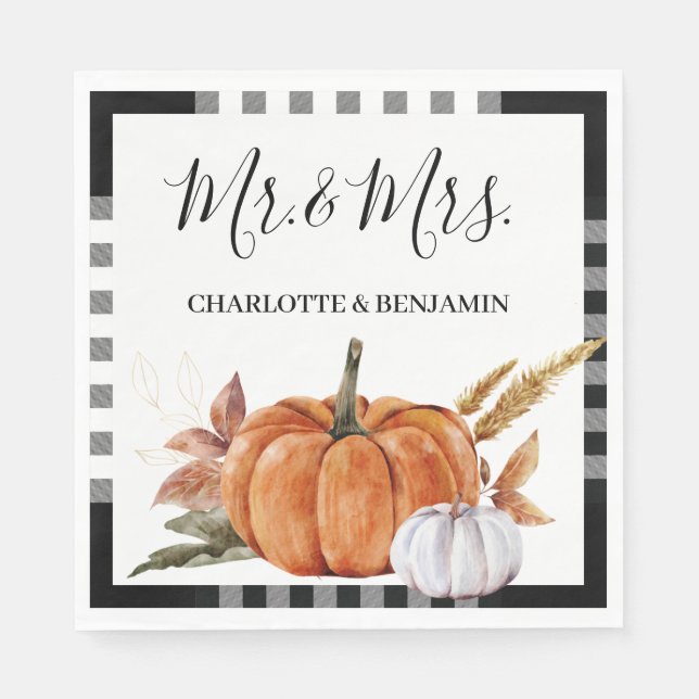 Rustic Watercolor Pumpkin Mr and Mrs Wedding Napki Napkins (Front)