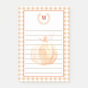 Rustic Watercolor Pumpkin & Plaid Monogram Post-it Notes