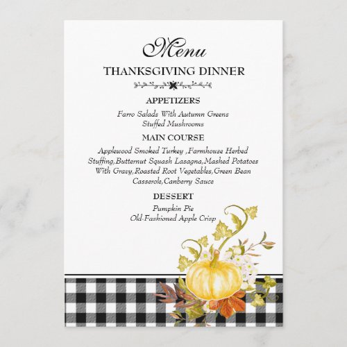 Rustic Watercolor Pumpkin Plaid Thanksgiving  Menu