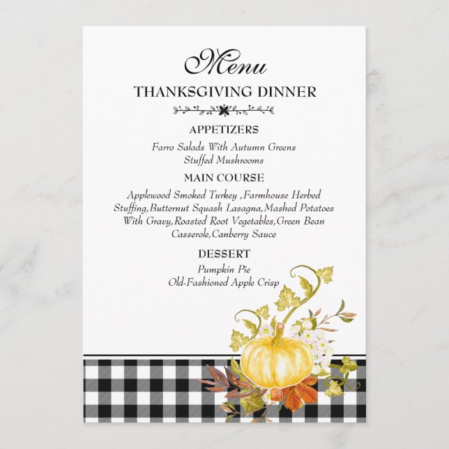 Rustic Watercolor Pumpkin Plaid Thanksgiving  Menu (Front)