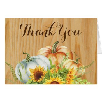 Rustic Watercolor Pumpkin Sunflower Thank You Card by Happyappleshop at Zazzle