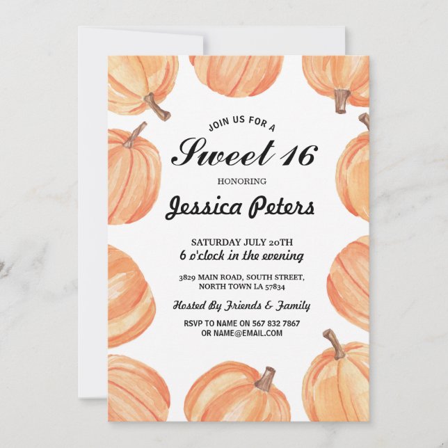 Rustic Watercolor Pumpkin Sweet 16 Party Birthday Invitation (Front)