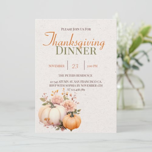 Rustic Watercolor Pumpkin Thanksgiving Invitation