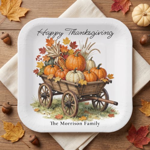 Rustic Watercolor Pumpkin Wagon Thanksgiving Paper Plates