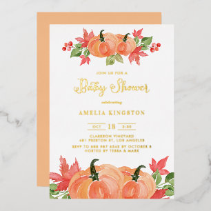 Rustic Watercolor Pumpkins Fall Baby Shower Foil Invitation