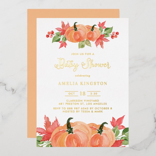 Rustic Watercolor Pumpkins Fall Baby Shower Foil Invitation (Front/Back)