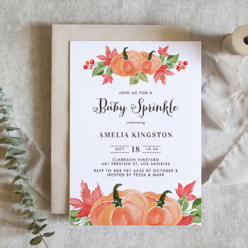Rustic Watercolor Pumpkins Fall Baby Sprinkle Invitation by misstallulah at Zazzle