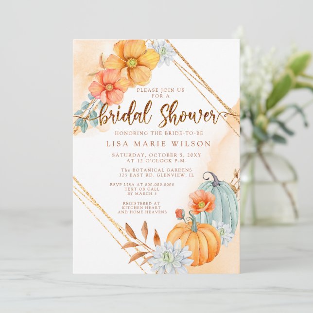 Rustic Watercolor Pumpkins Fall Bridal Shower Invitation (Standing Front)