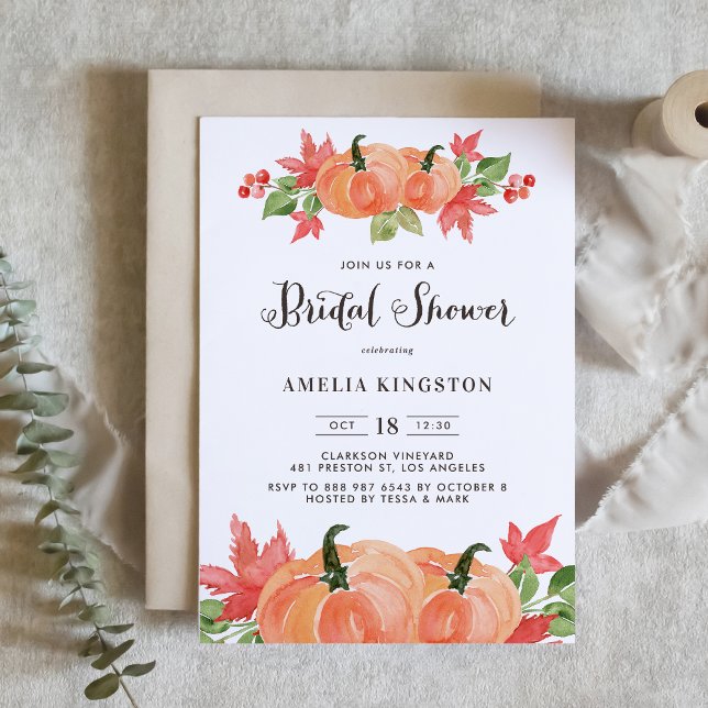 Rustic Watercolor Pumpkins Fall Bridal Shower Invitation (Creator Uploaded)