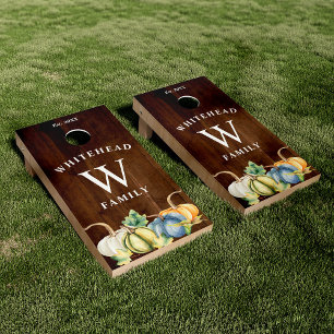 Rustic Watercolor Pumpkins Wood Grain Fall Family Cornhole Set