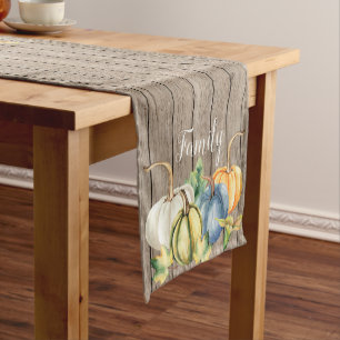 Rustic Watercolor Pumpkins Wood Grain Fall Family Short Table Runner