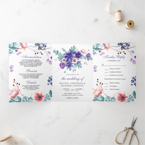 Rustic Watercolor Purple Anemones 3 in 1 Wedding Tri_Fold Invitation