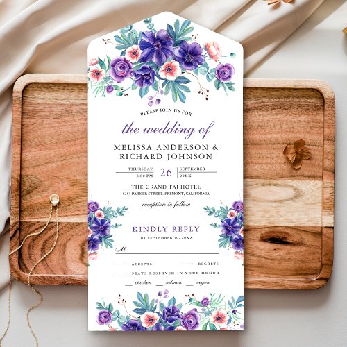 Rustic Watercolor Purple Anemones Wedding All In One Invitation
