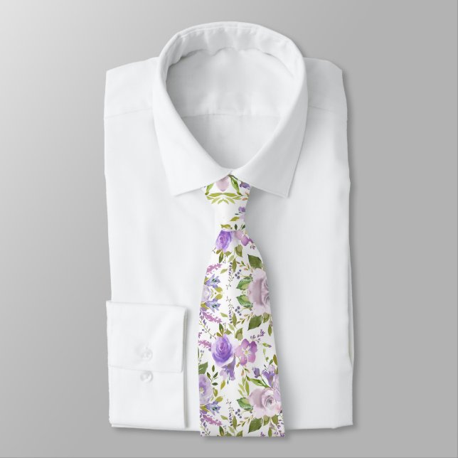 Rustic Watercolor Purple Floral Neck Tie (Tied)