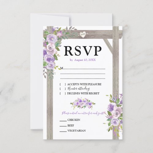 Rustic Watercolor Purple Floral Wedding RSVP - Elegant wedding response cards featuring a classy chic white background that can be changed to any color, a stylish purple & lavender watercolor floral display on a rustic wooden wedding arch, a carved heart with the couples initials, and a simple wedding rsvp template with a menu option.

For further personalization, please click the "Customize it" button to modify this template. All text style, colors, and sizes can be modified to suit your needs. You will find other matching wedding items at my store www.zazzle.com/special_stationery, however if you can’t find what you are looking for please contact me.
